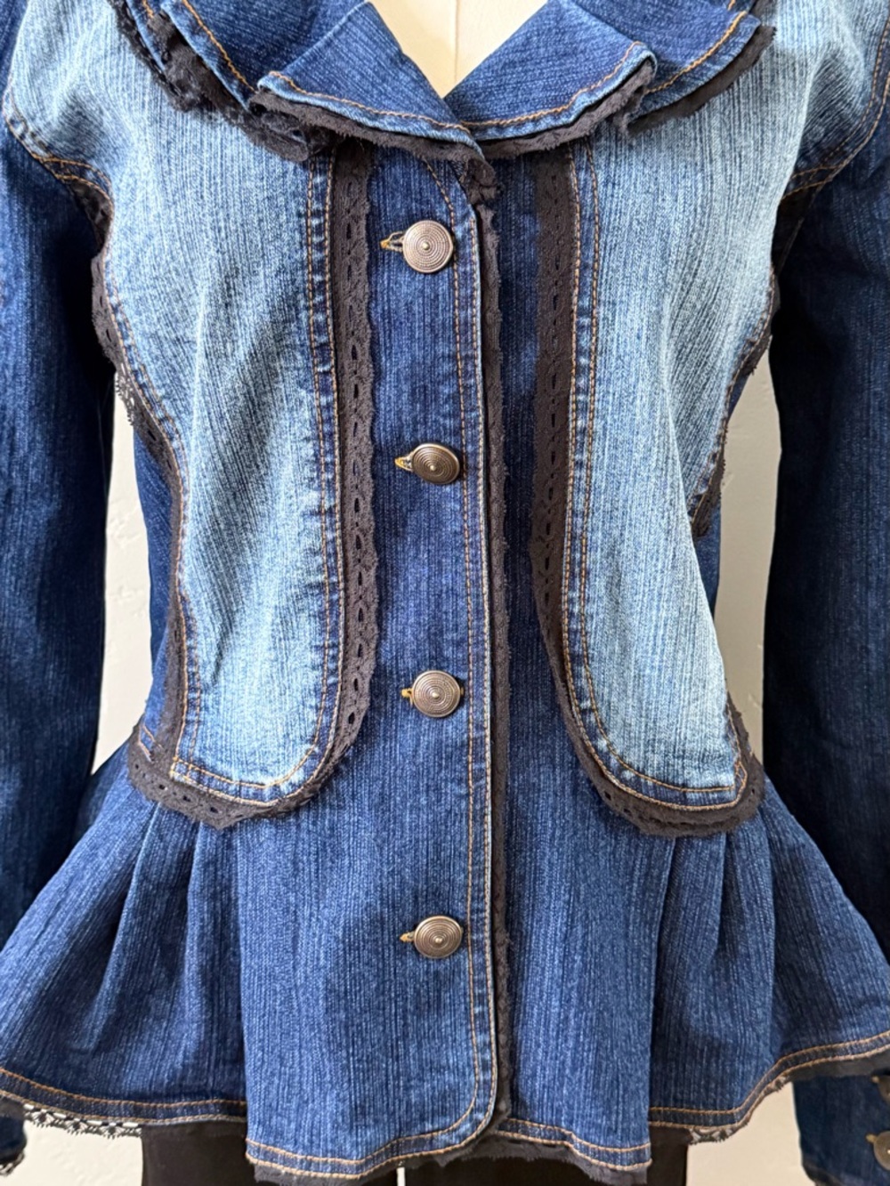 The Pyramid Collection Whimsigoth Denim Peplum Jacket Witchy Lace L - Picture 5 of 13